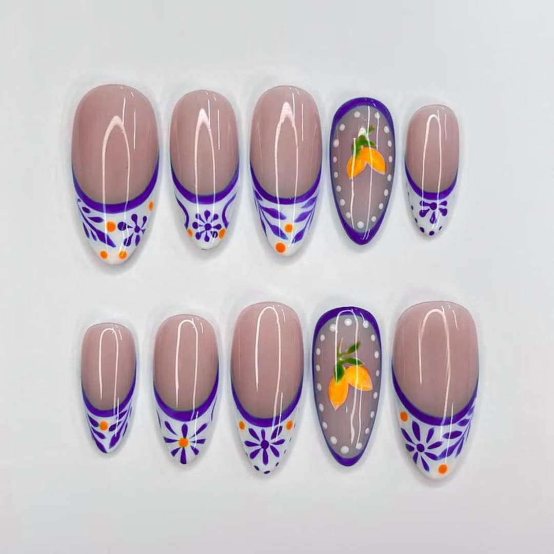 Greece Summer French Tip Almond Press on Nails, Ceramic Nails