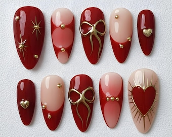Red Valentine Press On Nails, Gold Heart & Bow Design, Luxury Red Gradient Nails, Romantic Valentine Nails, Reusable Handmade Press Ons