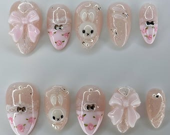Miffy Bunny Press On Nails, Cute Pastel Pink Bow Nails, 3D Bunny Nail Art, Handmade Kawaii Press Ons, Floral Lace Nails, Kawaii Nails