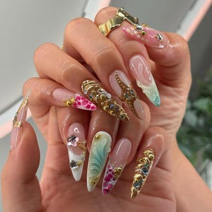 Elegant Gold Chrome Press On Nails, Swirl & Gem Nail Art, Gold Accent Nails with Rhinestones, Artistic Long Fake Nails, French tip nails