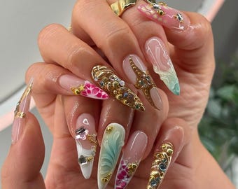 Elegant Gold Chrome Press On Nails, Swirl & Gem Nail Art, Gold Accent Nails with Rhinestones, Artistic Long Fake Nails, French tip nails