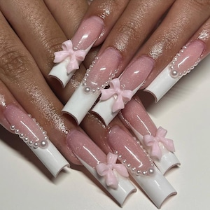 Elegant French Tip Press On Nails with Pink Bows, Bridal Nails, Bridal Wedding Nails, Reusable Luxury Fake Nails for Prom & Wedding