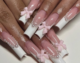 Elegant French Tip Press On Nails with Pink Bows, Bridal Nails, Bridal Wedding Nails, Reusable Luxury Fake Nails for Prom & Wedding