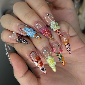 Handmade Colorful Flower Press On Nails,  3D Butterfly Charm On Fake nails, Handmade 3D Butterfly & Flower Nails, Garden nails, Summer nails
