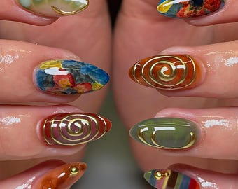 Colorful Artistic Press On Nails, Hand-Painted Poppy Art, Gold Spiral 3D Accents, Trendy Y2K Artistic Nails, Reusable nails