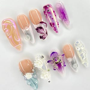 3D Floral Press On Nails, Luxury Bridal Press Ons, White Rose & Orchid Nails for Wedding or Party, Orchid Nails, Fantasy Floral Fake Nails