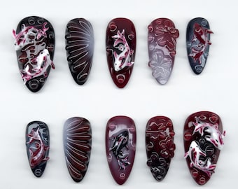 3D Koi Fish Press On Nails, Handmade Japanese Style False Nails with Lotus Flower Art, Unique Acrylic Fake Nails, Gothic nails