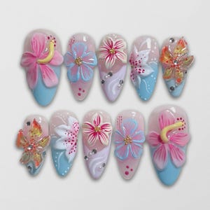 Hibiskus Orchidee 3D Nägel, Lebendige Sommer Presse auf den Nägeln, 3D Tropische Blume Presse auf den Nägeln, handgefertigte bunte Sommer Nail Art, Urlaubsnagel