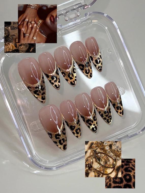 Leopard Print French Tip Press On Nails, Mob Wife Aesthetic Fake Nails, Gold Glitter Nails, Brown Ombre Sparkly False Nails