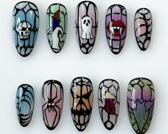 Gebrandschilderd glas Halloween pers op nagels, Ghost Pumpkin Bat Nail Art, Spooky schattige nepnagels, Witchy Pumpkin en Ghost Gothic Halloween-nagels