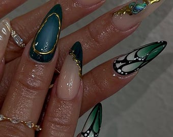Butterfly Wing Press On Nails, Green Emerald West Empress Nails Art, Nature Inspired Fake Nails, Luxury Handmade Nails, Butterfly Nails