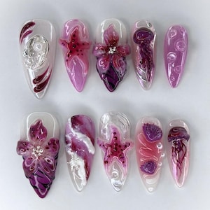 Purple Starfish Press On Nails, 3D Ocean Jelly Nails, Ocean-Inspired Pink Nails, Mermaid Nails with 3D Flowers, Purple Floral Nail Art
