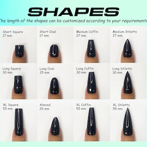 May include: Image displaying different nail shapes: Short Square (17 mm), Short Oval (17 mm), Medium Coffin (27 mm), and Medium Stiletto (27 mm). Also shown are Long Square (30 mm), Long Oval (25 mm), Long Coffin (30 mm), and Long Stiletto (30 mm). XL Square (55 mm), Almond (25 mm), XL Coffin (55 mm), and XL Stiletto (55 mm) are also displayed. Text: SHAPES.