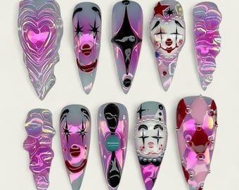 Harlequin Clown Press On Nails, Pink Chrome Clowncore Nails, Spooky Handmade Nail Set,  Gothic Press Ons, Pink Creepy Nails, Halloween nails