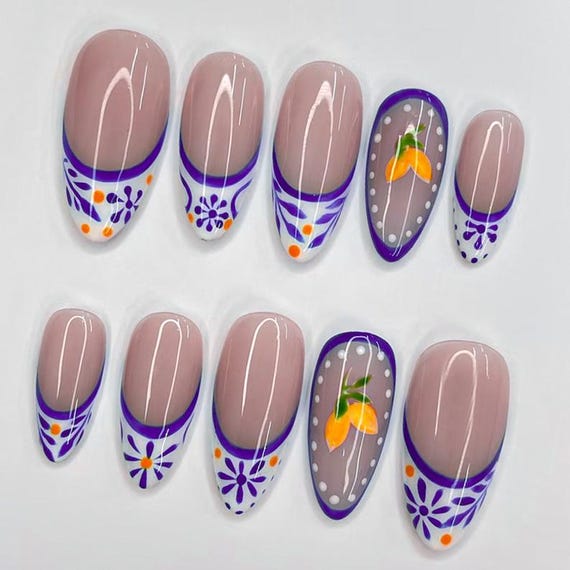 Greece Summer French Tip Almond Press on Nails, Ceramic Nails