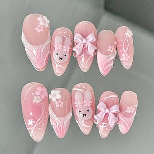 Adorable Pink Bunny Press On Nails with 3D Flowers and Bows, Handmade Kawaii Nail Art, cute pink nail sets, Wedding Nails, Pink press ons