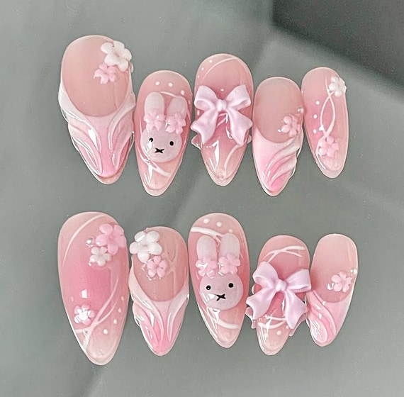 Adorable Pink Bunny Press On Nails with 3D Flowers and Bows, Handmade Kawaii Nail Art, cute pink nail sets, Wedding Nails, Pink press ons