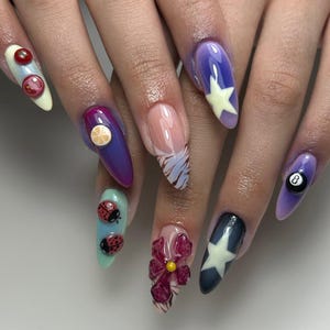 Whimsical Nature Mix Press On Nails, Durable False Nails, Colorful Press On Nails with Flowers & Ladybugs, Kawaii Fruit Floral Nail Art