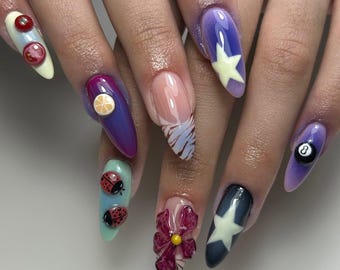 Whimsical Nature Mix Press On Nails, Durable False Nails, Colorful Press On Nails with Flowers & Ladybugs, Kawaii Fruit Floral Nail Art