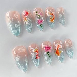 Koi Pond Bliss Press On Nails, Koi Floral Acrylic Nails, Serene Waters Nail Art, Blossoming Fake Nails, Zen Garden Koi Nails, Koi fish nails