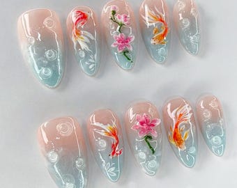Koi Pond Bliss Press On Nails, Koi Floral Acrylic Nails, Serene Waters Nail Art, Blossoming Fake Nails, Zen Garden Koi Nails, Koi fish nails