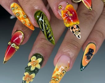 Unghie finte con frutti tropicali luminosi, nail art 3D fatta a mano con anguria e fiori, unghie con frutti esotici, extension per unghie estive riutilizzabili