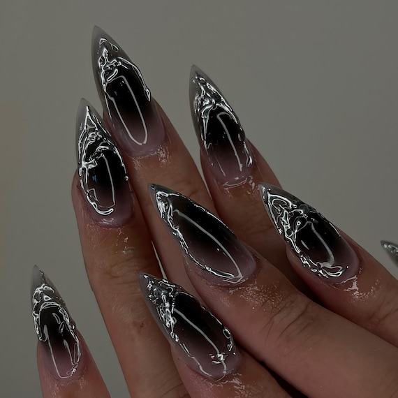 Luxury Chrome Press On Nails, Handmade Gothic-Inspired Nail Art, Y2k Nails, Trendy Chrome on Fake Nails, Gothic nails