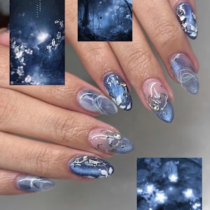 Uñas postizas místicas azul ojo de gato, uñas postizas con remolinos cromados plateados 3D, diseño de uñas Fairycore de bosque encantado, uñas postizas etéreas
