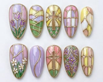 Easter Cross Press on Nails, Vintage Cathedral Window Art, Gold Outline Tulip Cross Nails, Pastel Purple & Pink Floral Nails, Easter day