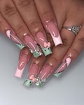 Kawaii Hello Kitty Nails, Pink and Green Press On Nails, Pink French Tips with Rhinestones, Kawaii Pastel Nails, Reusable Nails product logo