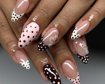 Chocolate Polka Dot Press On Nails, Cute Brown and Pink Nail Set with 3D Flowers, Brown and Pink French Tip Nails, 3D Floral Nail Art