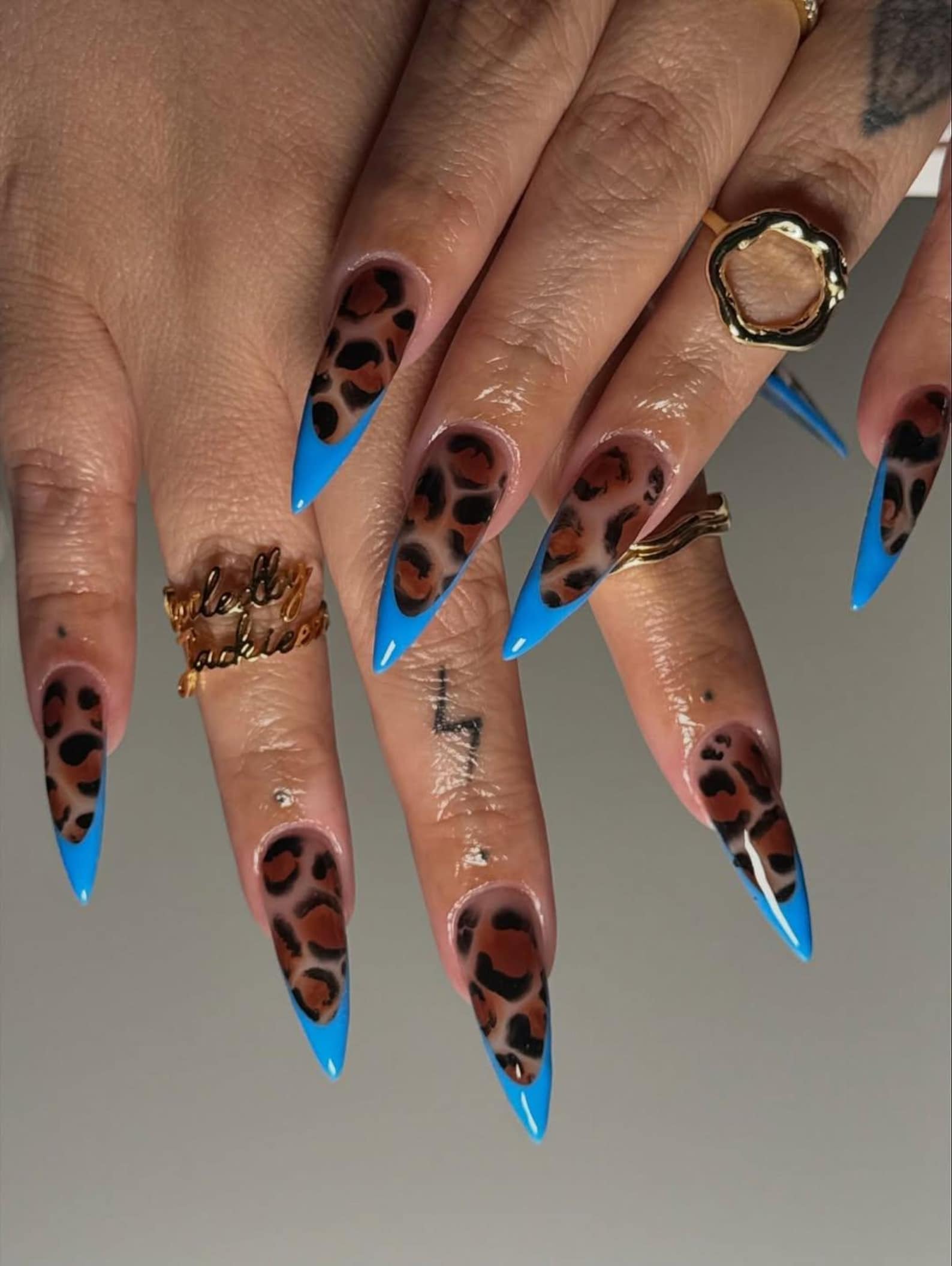 Blue French Tip Leopard Press on Nails, Blue Leopard Print Fake Nails ...
