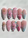 Mermaidcore Press On Nails, 3D Seashell and Tropical Flower Nails, Pink and Blue Ocean Fake Nails, Beach Vacation Nails product logo
