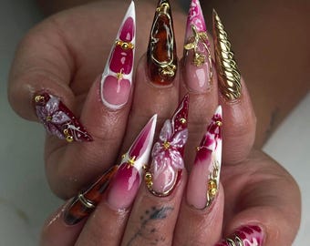 Cherry Gold Bloom Press On Nails, Red & White Stiletto Nail Art, 3D Floral Glam Nails , Luxury Long Press Ons, Gold nails, Rose nail charm