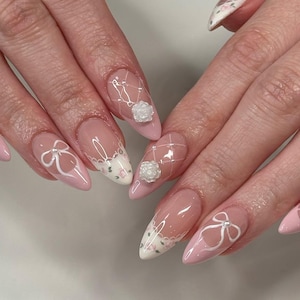 Bridal Press On Nails, French Tip Bow Nails, 3D Rose Wedding Nails, Lace Floral Birthday  Nails, Elegant Pink White Nails Set, Bridal Nails
