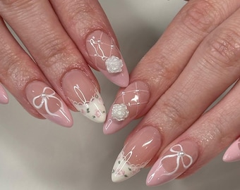Bridal Press On Nails, French Tip Bow Nails, 3D Rose Wedding Nails, Lace Floral Birthday  Nails, Elegant Pink White Nails Set, Bridal Nails