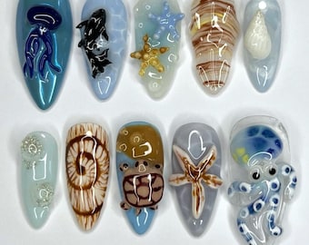 Sea Life Press On Nails, 3D Gel Nails with Octopus, Starfish & Shells,  Ocean Nail Art, Coastal Vacation Fake Nails, Marine Theme Nails