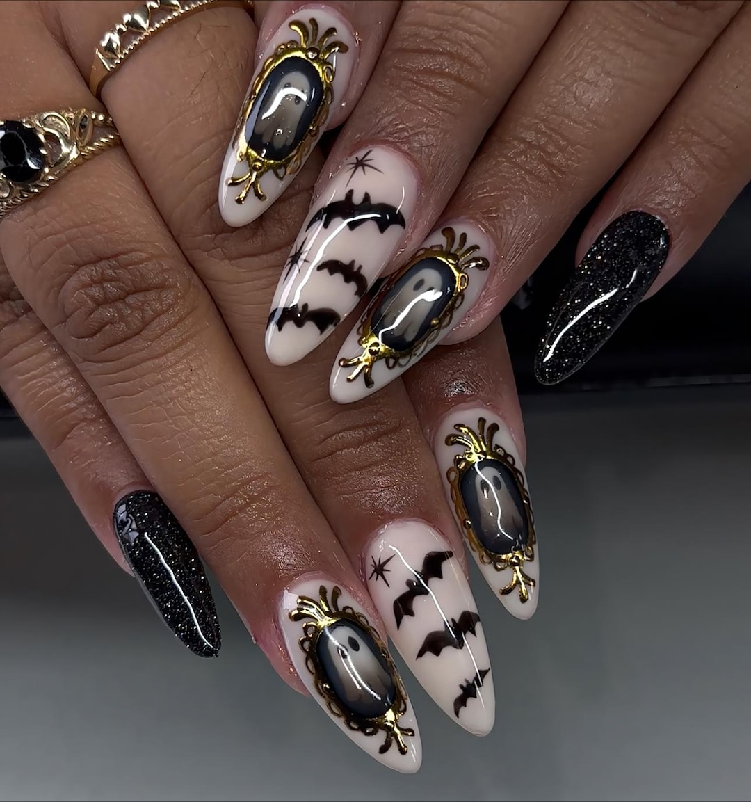 3D Halloween Press on Nail, Gothic Black Coffin Nails With Ghost, Bats & Gold Frame Design, Cute Scary Halloween Nail Art, Spooky Cute Nails - Etsy Japan