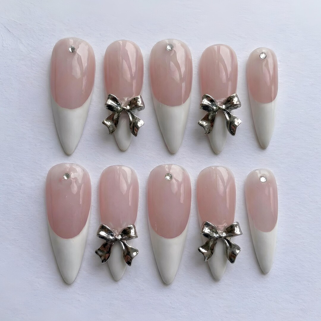 Coquette Bow Press on Nails, Milky White French Tip Nails, Silver 3D ...