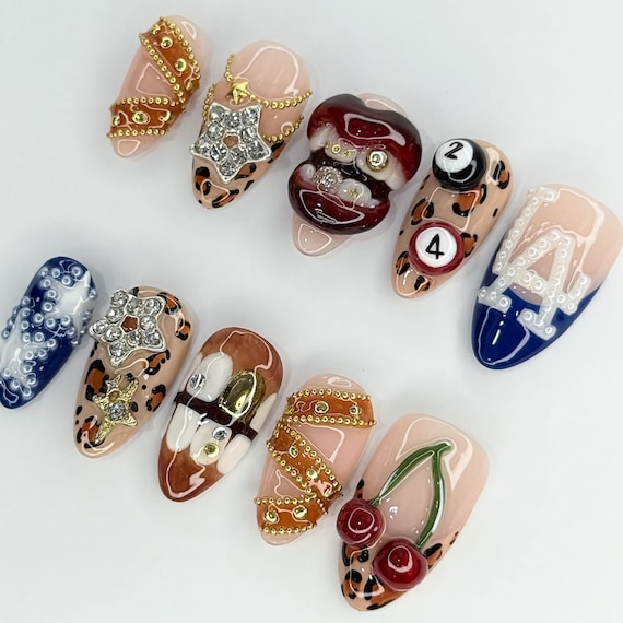 Y2K Press on Nails With 3D Lips, Cherry, Leopard Print Nails, Gold Chains  and LA Letters on Fake Nails, Y2K Retro Acrylic False Nails - Etsy Sweden