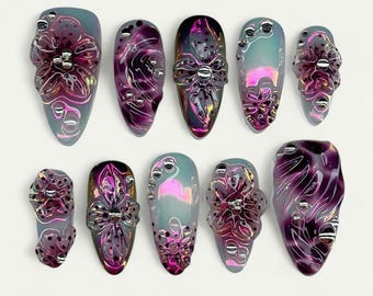 Purple Chrome Press On Nails, 3D Bloom Nails, Iridescent Purple with 3D Flowers, Handmade Purple Gradient Nail Art Set, Purple nails