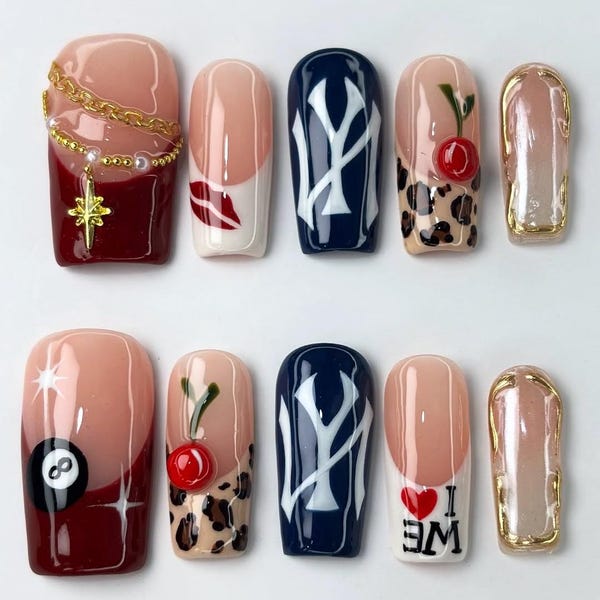 Bold Y2K Press On Nails, 8 Ball Cherry Nails, Handmade Press On Nails with NYC Graffiti, Y2K Cherry Leopard Print nails, Y2k nails
