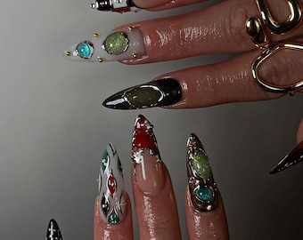 Futuristic Press On Nails, Luxury Gemstone 3D Nail Art with Metallic Chrome, Long Stiletto Y2k Fake Nails, Metallic Gemstone Chrome nails
