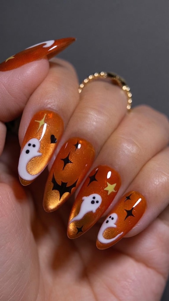 Halloween Press On Nails, Orange Magnetic Cat Eye, Hand Painted Ghost Bat Nail Art, Reusable Almond False Nails, Autumn Spooky Custom Nails