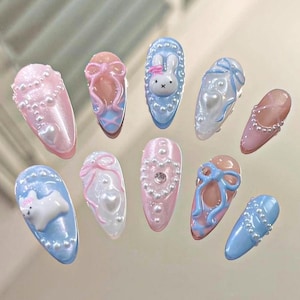 Adorable Miffy Bunny Press On Nails, Cute 3D Nail Art with Bows, Miffy Press On Nails with Ribbons and Pearls, Cute Nails, Miffy Nails