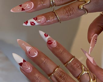 Valentine Red Lips Press On Nails, Pink Heart Stiletto Nail, Kiss Print French Tips, Handmade Romantic Nails, Pink Love Nails for Date Night