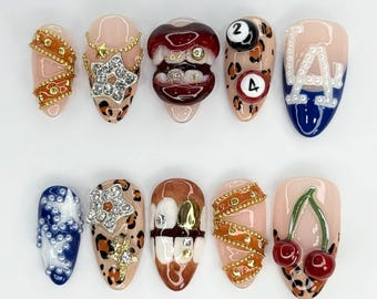 Y2K Press On Nails with 3D Lips, Cherry, Leopard Print Nails, Gold Chains and LA Letters on Fake Nails, Y2K Retro Acrylic False Nails