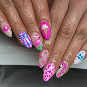 Pink Flamingo Press On Nails, Summer Ice Cream & Strawberry Nail Art, Tropical Pink Nails with Bows, Cute Summer Nail Art with Flamingo