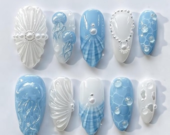 Summer Press On Nails with Jellyfish, Seashells and Pearls Nail Set, Handmade Ocean Themed Faux Acrylic Nails, Beach nails, Blue nails