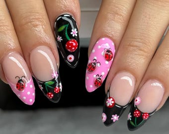 Cherry & Ladybug Press On Nails, Hand Painted Black and Pink Nail Art with 3D Flowers, Cute Cherry Nails with Ladybug, 3D Flower Nail Art